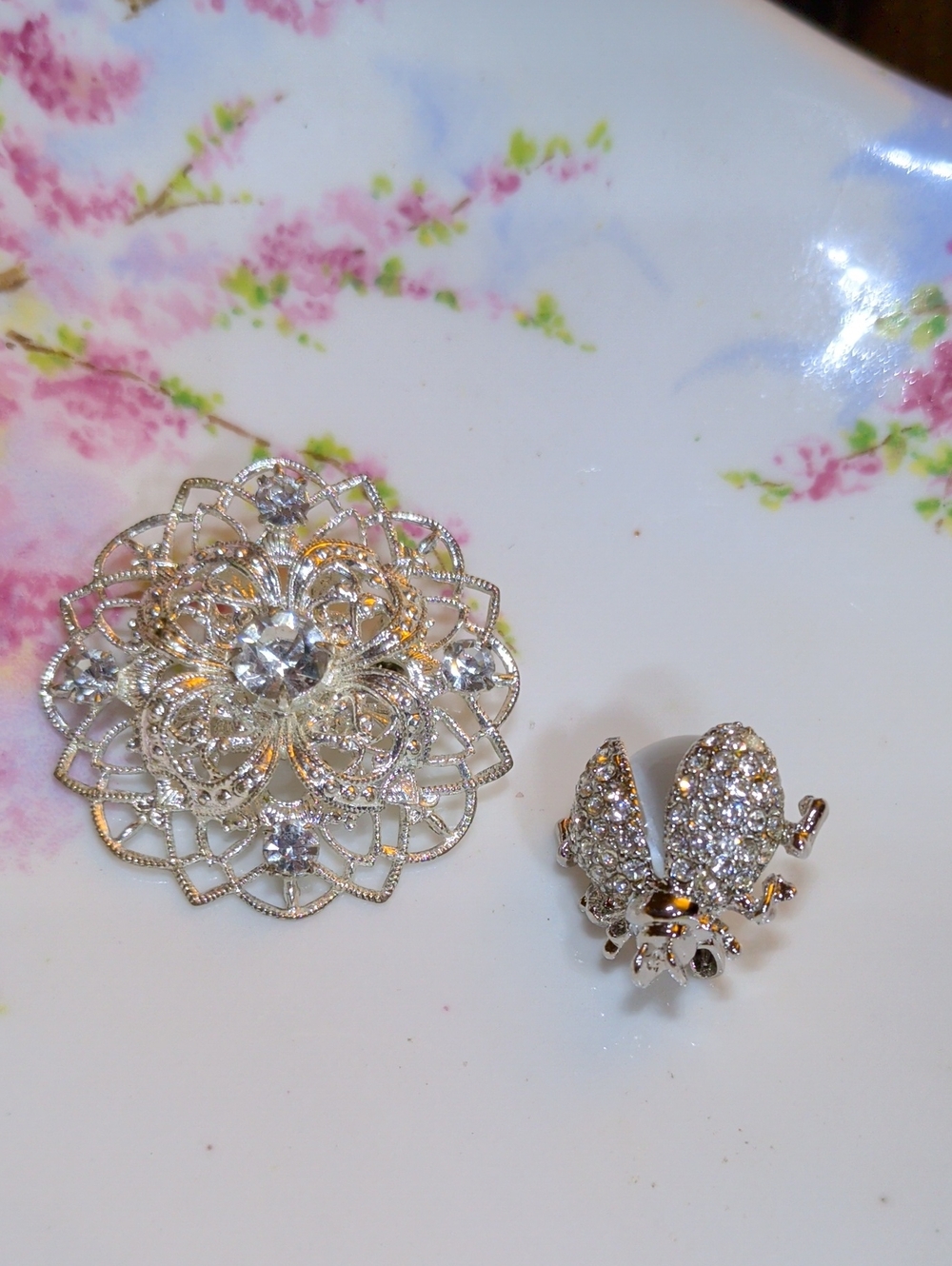 Silver Crystal Floral Brooch and Ladybug Pin Bundle
